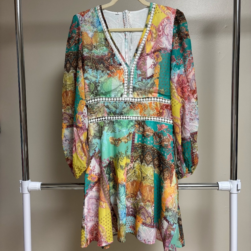 SHEIN Class Floral & Paisley Print Guipure Lace Insert Plunging Neck Dress